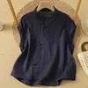 Blusa vintage de gasa de algodón versátil y casual de corte holgado con cuello mao y botones, top tipo chaleco de gasa de algodón de doble capa para mujer talla grande