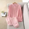 3 ColoresPijamas de Algodón Burbuja para Mujer, Cárdigan Holgado Casual de Primavera y Otoño, Conjunto de Manga Larga y Pantalón Largo