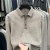 Camiseta de Manga Comprida Masculina Outono Novo Estilo Meia-idade Casual Versátil Listrada Amiga da Pele Gola Polo Camiseta Básica