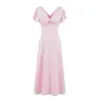 Vestido de verão longo de cetim com decote V e amarração, mangas curtas com babados e detalhes em renda, sexy e delicado, para mulheres