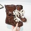 Otoño e Invierno 2025 Botas de Combate Retro para Niñas Botas de Boxeo de Moda con Punta Redonda con Cordones Botas de Cuero de Media Caña Botas Individuales