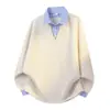 Sudadera con cuello de polo de dos piezas falsas de la NASA Chaqueta para hombre Primavera y Otoño Nueva Rayada Pareja Casual Manga Larga