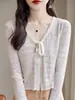 Cardigan de Tricô com Renda Vazada e Cadarço, Tecido de Seda Gelada, Super Fada, para Mulheres, Proteção Solar de Verão, Gola V Fina, Peça para Ar Condicionado, Cobertura de Algodão
