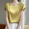 Venta al por mayor transfronteriza 2026 Primavera y Verano Nuevo estilo Camiseta de manga corta con cuello redondo para mujer Color liso Satén Sedoso Imitación de Seda Top Camiseta para mujer