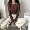 Top de capa base de punto para mujer, otoño e invierno, versátil, ropa interior elegante, suéter rosa, corte ajustado, cuello redondo, manga larga, talla única