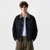Jaqueta jeans transfronteiriça, estilosa, com acabamento contrastante e gola alta, unissex, nova coleção de outono, estilo retro americano, jaqueta curta de workwear