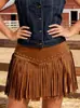 Falda Media de Flecos Estilo Vaquero Occidental Transfronteriza Europea y Americana para Mujer Falda Corta de Cintura Alta Decoración con Remaches Falda de Estilo Retro a la Moda