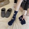 Versión Coreana Dongdaemun Calcetines Rayados de Colores Bloqueados Lindos de Dibujos Animados Azul Marino para Mujer Calcetines sin Costuras con Parche 3D de Cachorro