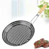 Cesta Redonda Dobrável com Cabo de Madeira Prato de Churrasco de Aço Inoxidável Grelha Antiaderente Utensílios de Churrasco em Malha em Estoque