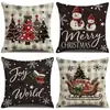 Funda de Cojín Navideña a Cuadros Retro Patrón de Muñeco de Nieve Árbol de Navidad Trineo Decoración Navideña para Sala de Estar Funda de Almohada