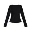 Camiseta Feminina Manga Longa Gola U Ampla Cintura Marcada Estilo Desejo Puro, Versátil Ajustada Curta Cor Sólida Base, Nova Moda Primavera