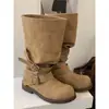 Botas de Salto Grosso Estilo Retro de Zhang Yuanying Botas de Cowboy Ocidental Desgastadas para Viagem Botas Longas de Cavaleiro Estilo Deserto Femininas