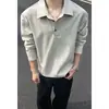 Camisa Polo de Manga Larga Estilo Old Money de Lino Imitación para Hombre, Camiseta Trendy Americana para Primavera y Otoño, Top Holgado con Cuello Campana