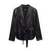 Para Comercio Exterior Europeo y Americano Transfronterizo Ropa de Mujer Aliexpress Más Vendido Moda Otoño Versátil Negro con Cordones Cintura Ajustada Chaqueta de Cuero Sintético