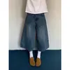 Shorts de mezclilla de retazos a cuadros retro americano para mujer, de verano, tiro alto, holgados, adelgazantes, casuales, versátiles, pantalones cropped de pierna ancha