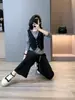 Conjunto Esportivo Casual de Moda de Alta Qualidade para Mulheres Outono Novo Colete de Gola Redonda Falso Duas Peças Blusa de Manga Longa e Calças Conjunto de Duas Peças