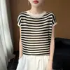 Camiseta de punto vintage a rayas estilo francés de manga corta para mujer, verano 2026, fina, holgada, seda de hielo, fresca, adelgazante, con pequeñas mangas acampanadas