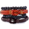 Pulsera de cuentas de madera tejida de cuero de vaca nueva europea y americana conjunto exótico retro de 4 piezas combinación pulsera de cuero en capas joyería