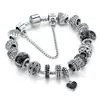 Pulseira de Contas Europeias de Vidro Cristal DIY Coração Preto Contas de Coração de Liga com Pingente de Coração Cravejado de Diamantes para Mulheres