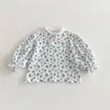 Camiseta de Crepé Color Sólido Floral de Encaje Estilo Coreano para Niñas Manga Larga Otoño/Primavera Top con Mangas Abullonadas para Bebé