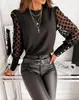Sitio Independiente de Amazon Europeo y Americano 2025 Primavera y Verano Nuevos Tops de Manga Larga para Mujer Malla Encaje Empalmado Camisa de Gasa