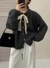 Estilo Dulce Coreano Otoño e Invierno Suéter para Mujer Diseño Holgado Lazo de Encaje Cuello Redondo Cardigan de Punto Chaqueta Top