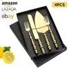 Juego de Cuchillo para Pastel y Espátula de Acero Inoxidable Transfronterizo para Uso en Hotel y Hogar, Espátula para Pizza y Tenedor de Postre Creativos con Mango de Cerámica Perlada