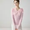 2026 Nuevo Elegante Suéter de Punto con Adorno de Encaje Base de Cachemira Cuello en V Ajustado para Mujer, Estilo Delgado