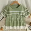 Camiseta de Punto de Manga Corta Verano Nueva Ropa para Mujer 2024 Estilo Interior Top que Reduce la Edad Camiseta de Rayas Versátil para Combinar