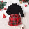 Ins Comércio Exterior Outono e Inverno Conjunto Infantil Gola Alta Listrada Saia Xadrez Natal Ano Novo Conjunto de Duas Peças