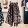 Saia de Chiffon Feminina Plus Size Verão Retro Xadrez Linha A Bainha Larga Irregular Babado
