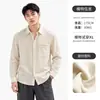 Nova Camisa Masculina de Linho Misto com Lapela Outono/Primavera Estilo Old Money Cor Sólida Com Bolsos Roupa de Exterior Casual Manga Longa