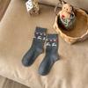 Calcetines Grises Fair Isle para Mujer, Calcetines de Algodón Retro Japonés con Ciervos, Calcetines de Media Caña Otoño e Invierno, Calcetines Largos Holgados Estilo Étnico
