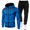 Nueva colección de otoño e invierno: Sudaderas y pantalones de chándal de forro polar de color liso estilo europeo y americano, chándal deportivo casual para hombre con puntos, cierre de cremallera y capucha
