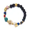 Pulseira de Aço Inoxidável com Doze Signos do Zodíaco e Pedras Naturais, Pulseira de Contas Pretas Foscas com Oito Planetas do Sistema Solar e Universo