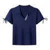 Nuevo top de punto de verano para mujer con cuello polo, manga corta, a rayas, con detalle de lazo, diseño elegante, versátil, adelgazante, estilo corto