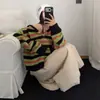 Suéter tejido a rayas con capucha estilo retro coreano para mujer, nuevo suéter casual con cremallera doble y bloques de color para otoño e invierno