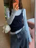 Chic y única camiseta azul de dos piezas de manga larga estilo coreano para mujer, perfecta para principios de otoño, un top deslumbrante y hermoso para llevar sola