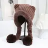 Nuevo sombrero de punto para otoño e invierno con orejas de gato, doble cola, dos pompones de pelo, protección para los oídos a prueba de viento, cálido, a la moda, versátil, lindo, de lana