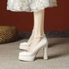 Zapatos Blancos de Tacón Alto para Mujeres Pequeñas, Tacones Gruesos que No Cansan los Pies, Cuero Patentado Anfitrión Modelo de Show de Coches Zapatos de Plataforma Impermeables de Tacón Super Alto