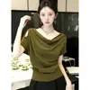Camiseta de manga corta con sentido del diseño y corte fluido para mujer, nuevo estilo verano 2026, talla grande, para chicas con sobrepeso, única, hermosa, súper atractiva, top de hombros descubiertos