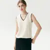 Suéter de cachemira de diseño estilo francés, conjunto de punto de dos piezas con cuello en V para mujer, con ribete de contraste, un top único y versátil