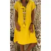 2023wish Amazon Europeo y Americano Transfronterizo Vestido de Manga Corta de Algodón y Lino de Color Sólido con Cuello en V para Mujer Otoño Verano