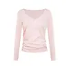 UNBDNS Primavera Otoño Delgado Cómodo Cuello Asimétrico Hombro Descubierto Manga Larga Camiseta Caliente Pedrería Cuello en V Dulce Picante Chica Multi-uso Top Básico Coreano