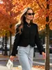 Nueva chaqueta corta abotonada de estilo chino con cuello mao para mujer, estilo corte vintage con charreteras y ribete de encaje, abrigo corto negro