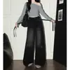 Pantalones Anchos de Pierna Recta con Gradiente Retro Negro y Gris con Pedrería, Cintura Alta y Cordón, Jeans Estilo Callejero Adelgazantes, Pierna Recta Holgada, Largo hasta el Suelo
