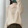 Nuevo Cardigan de Punto con Cuello Polo 100% Lana para Otoño e Invierno 2025, Manga Larga, Corte para Mujer, Crochet Calado, Top Holgado