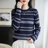 Top de punto fino con rayas jacquard retro para mujer, cuello redondo, corte ajustado, suéter elástico, top de capa interior para otoño/invierno