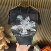 Camiseta Masculina Sequin Desgastada Floral Mandala Manga Curta Ano Novo, Nova Versátil de Luxo Manga Meia Manga Gola Redonda Tendência