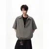 Camisa a Rayas Falsa de Dos Piezas con Medio Botón de Seda Artificial para Hombre, Estilo Japonés Perezoso de Gama Alta, Moderna Casual de Manga Corta para Verano